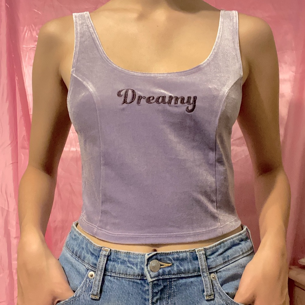 Y2K Purple Velour Dreamy Embroidered Crop Top